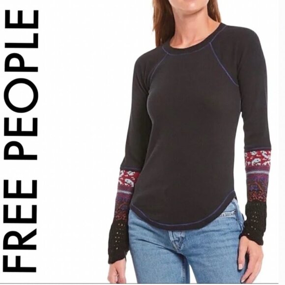 NWT Free People Mix Thermal Cuff Long Sleeve Top women boho - Picture 1 of 10